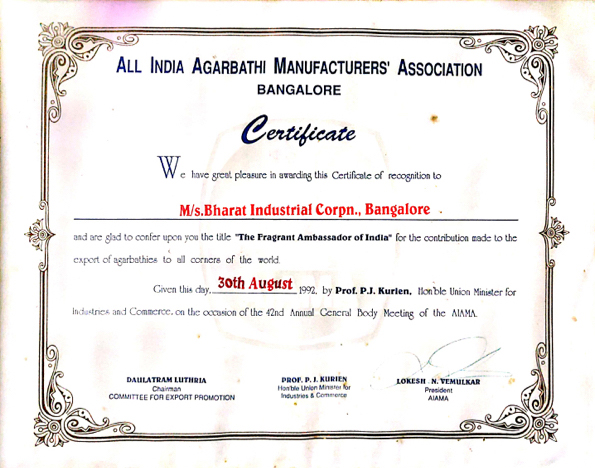 All India Agarbatti Manufacturers Association Certificate - "The Fragrance Ambassador of India"